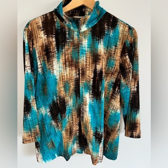 Laura Ashley Medium Full Zip 3/4 Sleeve Turquoise Brown multicolor Blouse mature - Picture 1 of 6